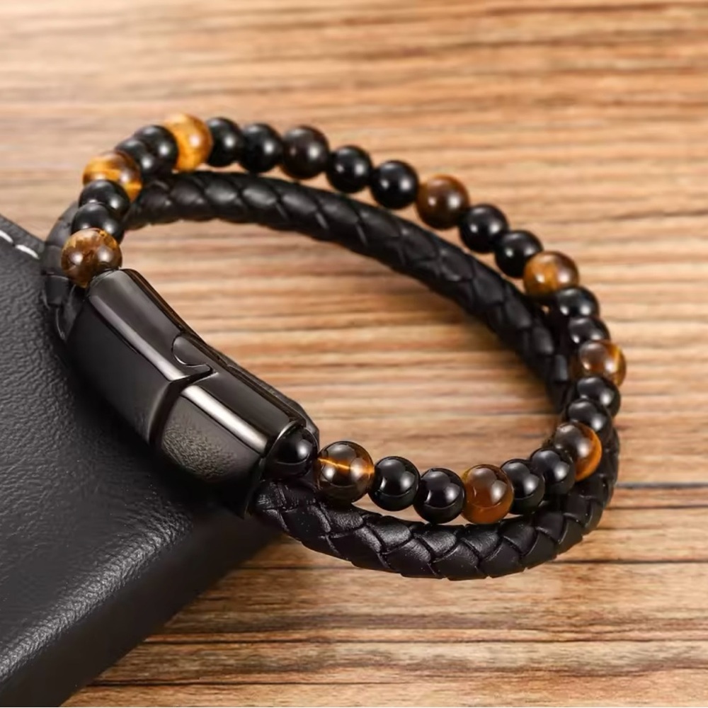 Men’s Beaded Black Stainless Steel Tiger Eye Bracelet 8” inched